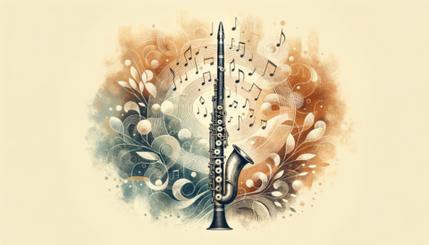 A beautifully detailed bassoon surrounded by musical notes and a variety of reeds