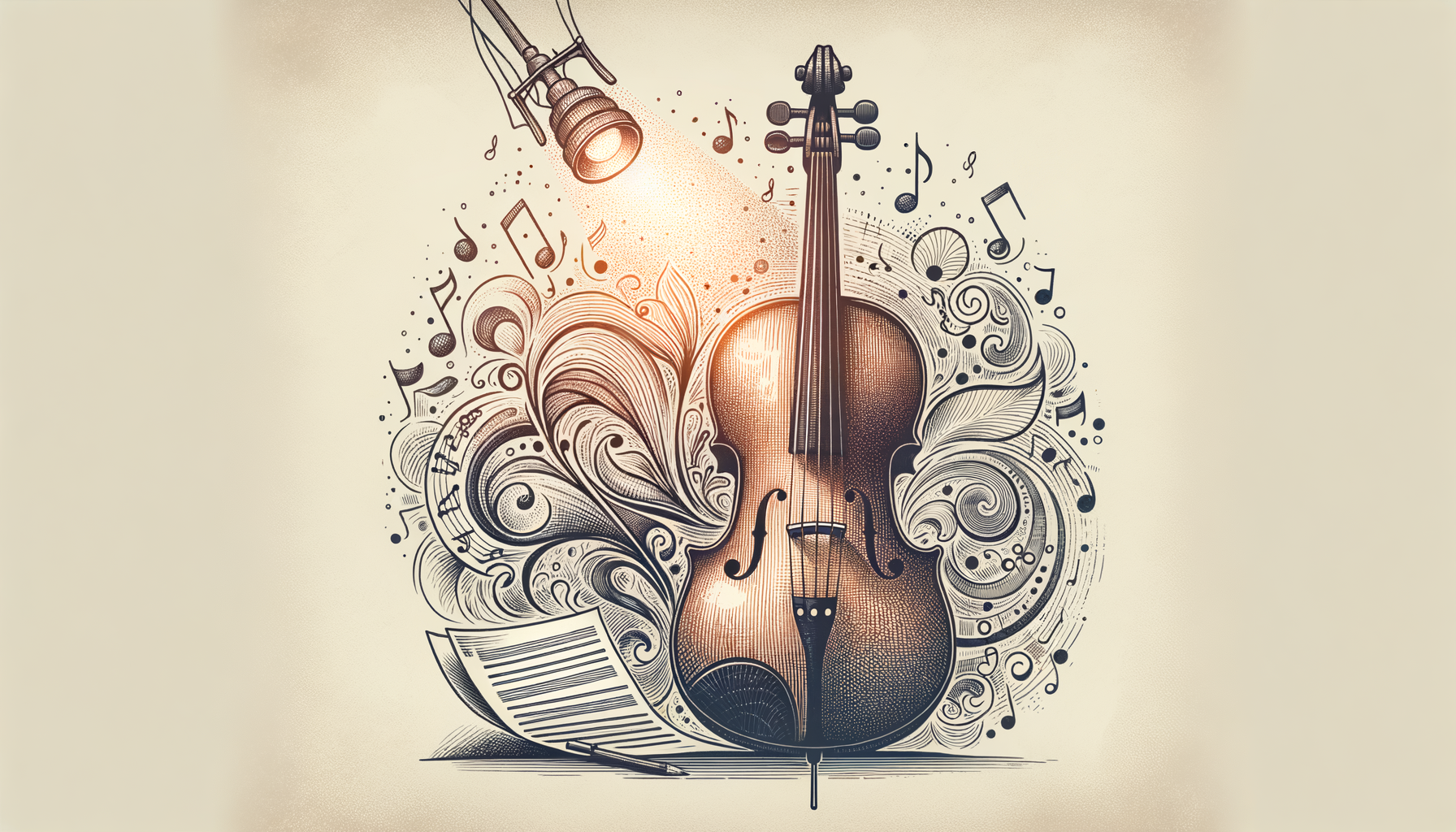 A beautifully detailed cello surrounded by musical notes