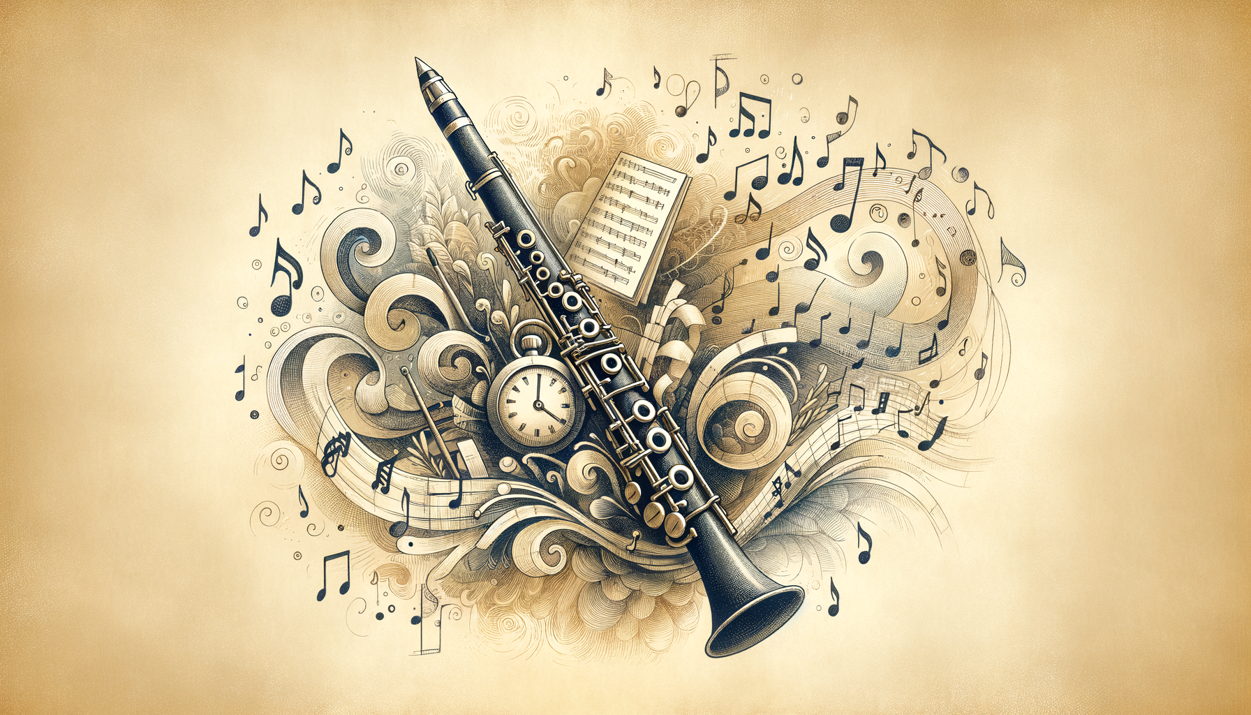 A beautifully detailed clarinet surrounded by musical notes and a soft