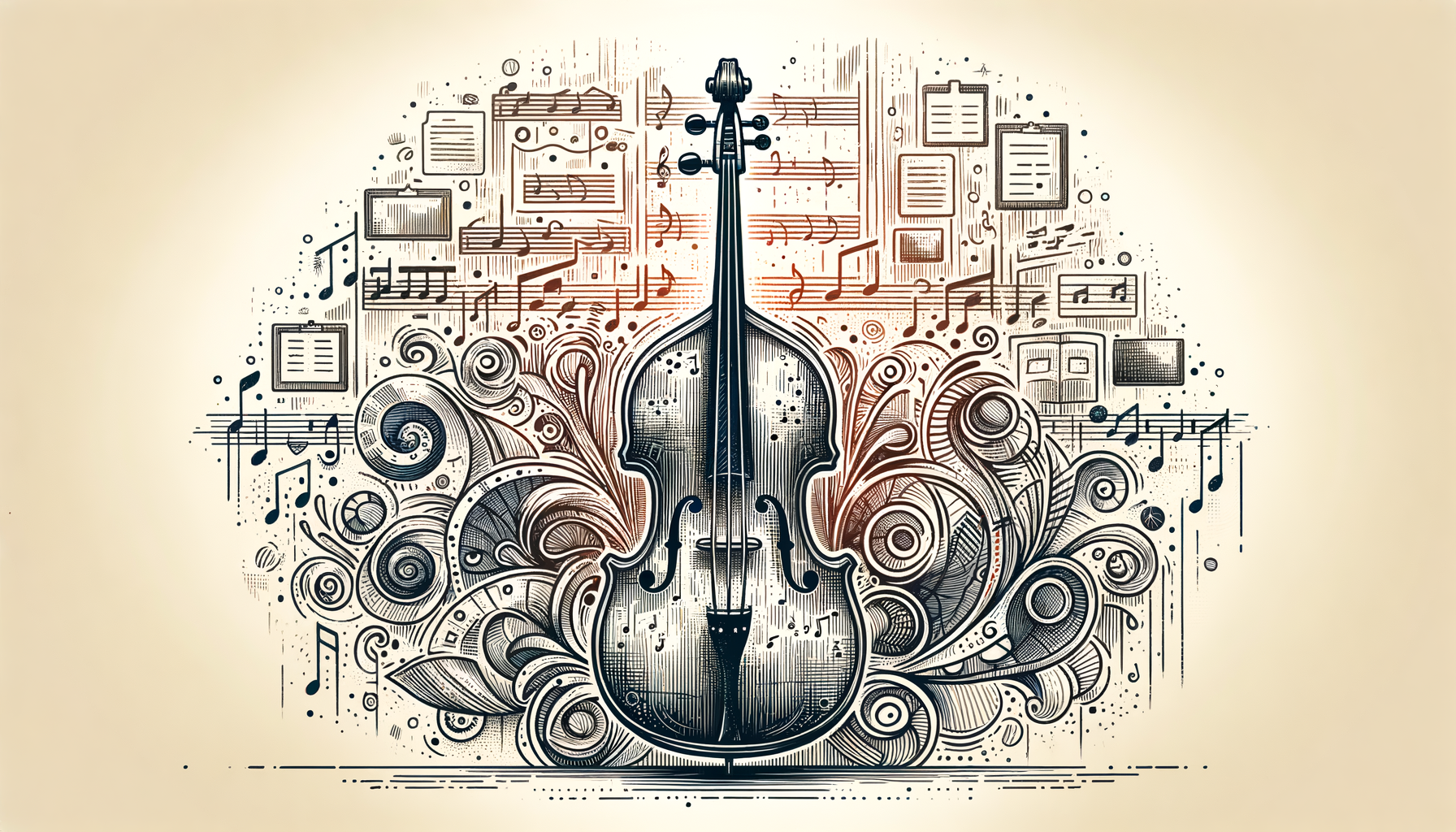 An intricately designed double bass surrounded by musical notes and symbols