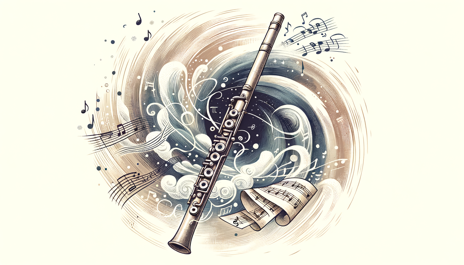 A beautifully detailed flute surrounded by musical notes