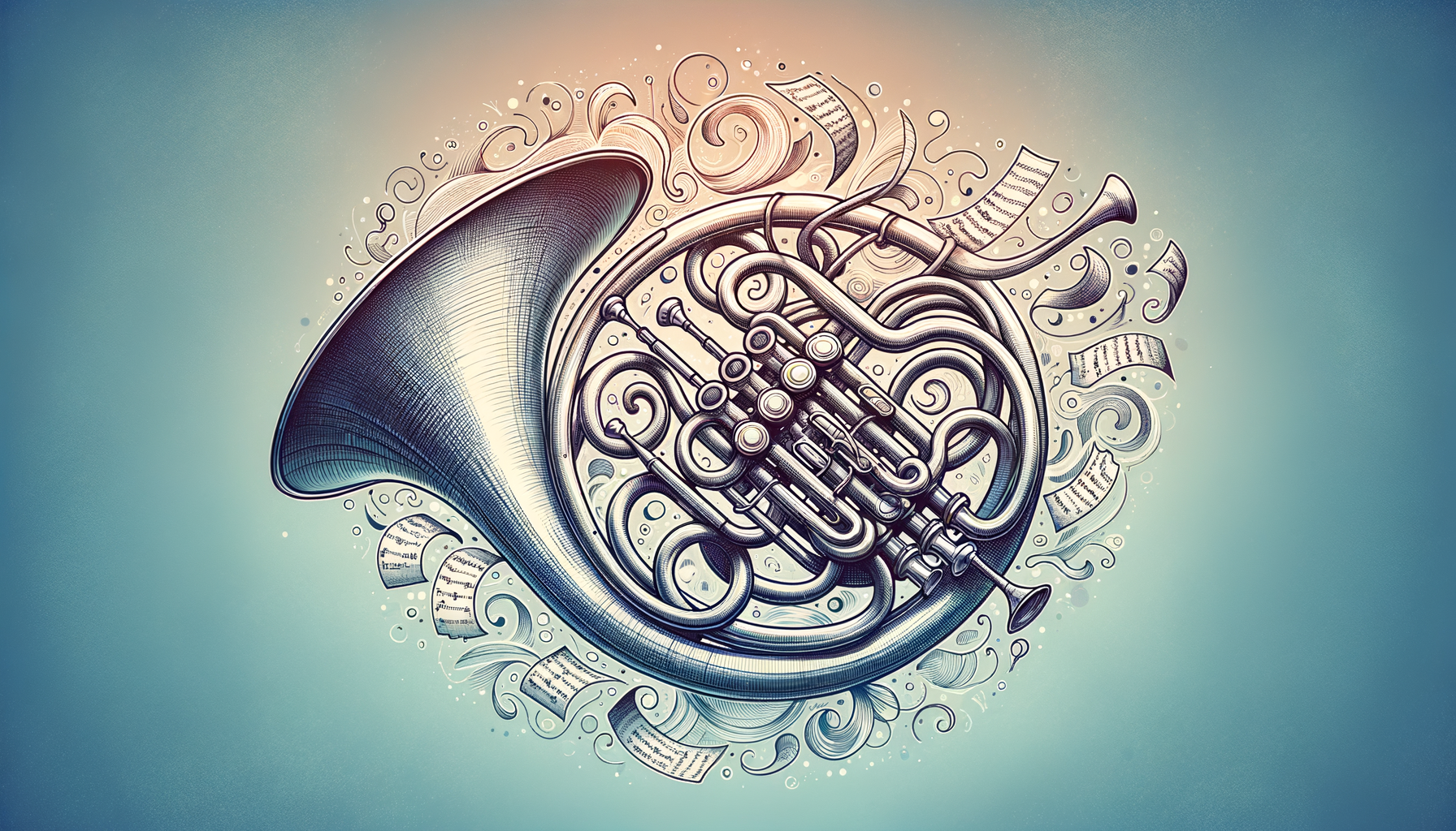 A beautifully detailed french horn surrounded by musical notes and sheet music