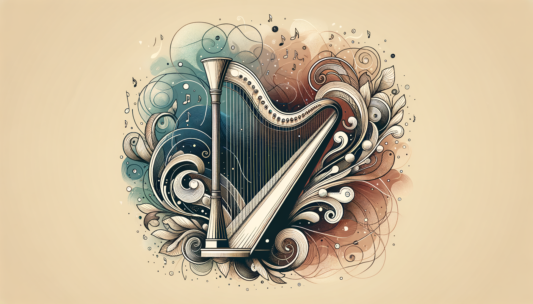 A beautifully detailed harp surrounded by musical notes and soft