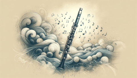 An elegant oboe surrounded by musical notes and a soft