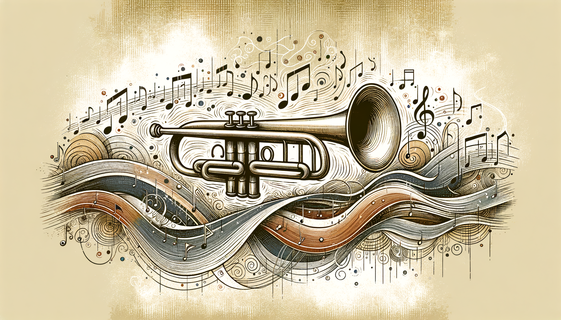 An intricately designed trumpet surrounded by musical notes and vibrant sound waves