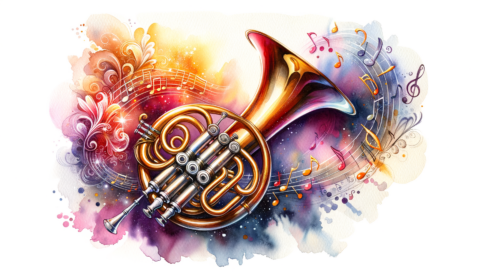 Find jobs for Horn Players on mondomusic A vibrant horn surrounded by musical notes and symbols