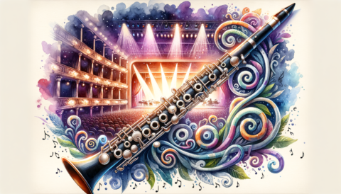 Find jobs for Oboe Players on mondomusic A beautifully detailed oboe surrounded by musical notes and a vibrant backdrop of a concert stage