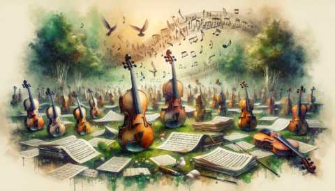 A vibrant music scene featuring a variety of violas and sheet music scattered around a lush