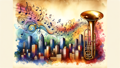 Find jobs for Trombone Players on mondomusic An imaginative scene featuring a vibrant city skyline with musical notes flowing through the air