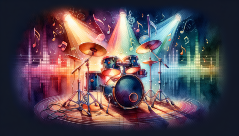 Find jobs for Drum Kit Players on mondomusic An inviting drum kit set up on a vibrant stage