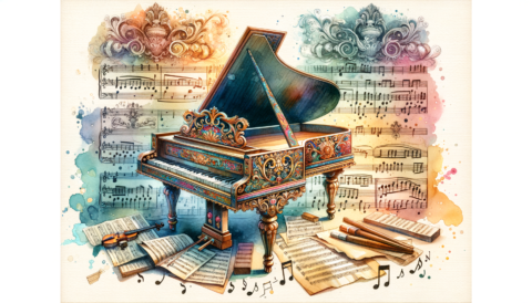 Find jobs for Harpsichord Players on mondomusic A beautifully detailed harpsichord set against a backdrop of musical notes and vintage sheet music
