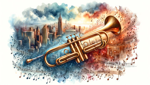 Find jobs for Trumpet Players on mondomusic An ornate trumpet surrounded by musical notes and a vibrant backdrop of a bustling city skyline