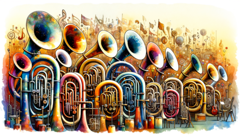 Find jobs for Tuba Players on mondomusic A vibrant scene featuring a variety of tubas in different styles and colors
