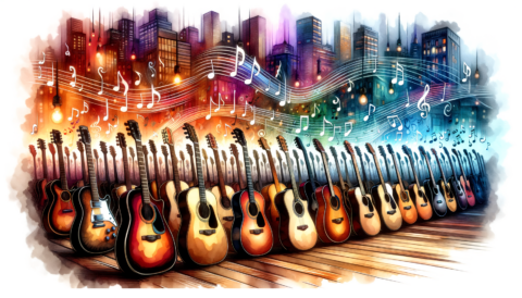 Find jobs for Guitar Players on mondomusic A vibrant and dynamic scene featuring a variety of guitars