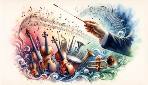 A vibrant and dynamic conductor's baton surrounded by musical notes and instruments
