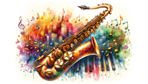 Find jobs for Saxophone Players on mondomusic A vibrant saxophone surrounded by musical notes and a colorful backdrop of a bustling cityscape