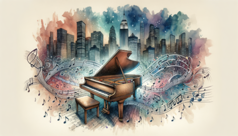 Find jobs for Piano Players on mondomusic An inviting piano surrounded by musical notes and a vibrant backdrop of a bustling cityscape