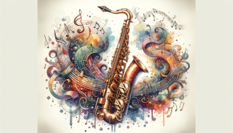 An elegant soprano saxophone surrounded by musical notes and vibrant sound waves