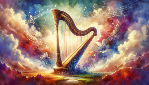 Find jobs for Harp Players on mondomusic An elegant harp surrounded by musical notes and a dreamy landscape