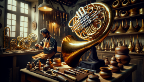 Who are today's most prestigious French Horn makers? A beautifully crafted french horn displayed prominently in a workshop setting