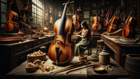 Who are today's most prestigious Cello makers? An elegant cello surrounded by various tools and materials used in its crafting