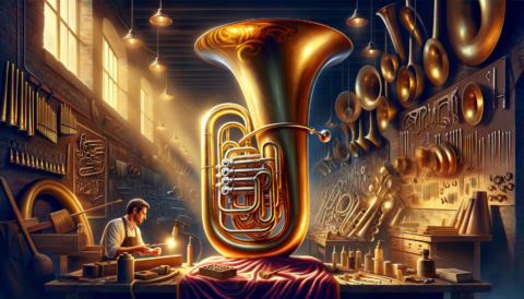 Who are today's most prestigious Tuba makers? Draw an illustration of a beautifully crafted tuba surrounded by various tools and materials used in the tuba-making process