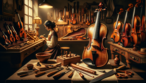 Who are today's most prestigious Violin makers? An elegant workshop scene showcasing a variety of finely crafted violins displayed on a wooden workbench