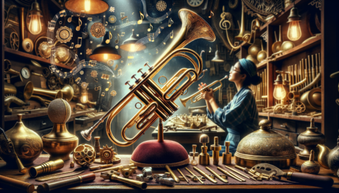 Who are today's most prestigious Trumpet makers? An intricately designed trumpet surrounded by a variety of materials and tools used in trumpet-making