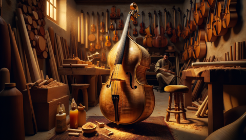 Who are today's most prestigious Double Bass makers? An elegant double bass surrounded by various tools and materials used in its crafting