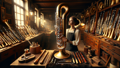 Who are today's most prestigious Bassoon makers? An elegant bassoon surrounded by various tools and materials used in its crafting