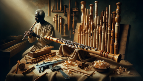 Who are today's most prestigious Flute makers? An elegant wooden flute surrounded by various tools and materials used in flute-making