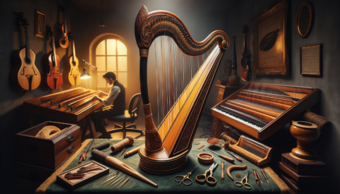 Who are today's most prestigious Harp makers? An elegant harp surrounded by a variety of high-quality materials and tools used in harp-making