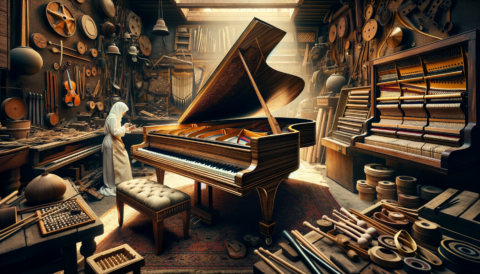 Who are today's most prestigious Piano makers? A beautifully crafted grand piano surrounded by various tools and materials used in piano making